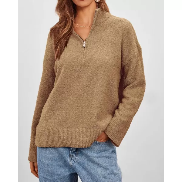 imagePRETTYGARDEN Womens 2023 Winter Pullover Sweaters Long Sleeve 14 Zip Lapel Chunky Knit Blouse TopsKhaki