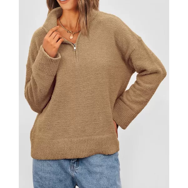 imagePRETTYGARDEN Womens 2023 Winter Pullover Sweaters Long Sleeve 14 Zip Lapel Chunky Knit Blouse TopsKhaki