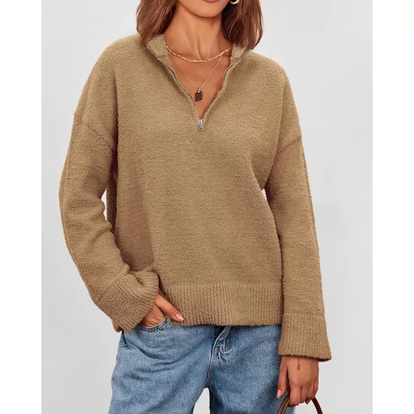 imagePRETTYGARDEN Womens 2023 Winter Pullover Sweaters Long Sleeve 14 Zip Lapel Chunky Knit Blouse TopsKhaki