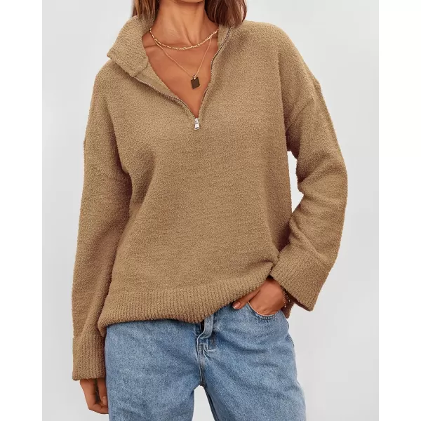 imagePRETTYGARDEN Womens 2023 Winter Pullover Sweaters Long Sleeve 14 Zip Lapel Chunky Knit Blouse TopsKhaki