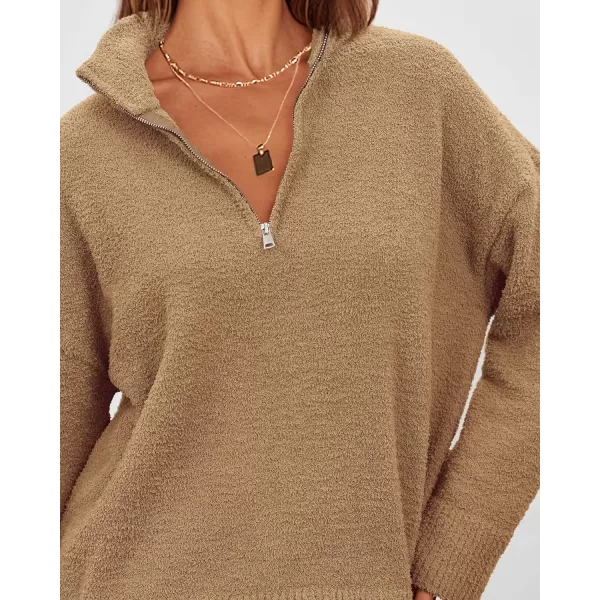 imagePRETTYGARDEN Womens 2023 Winter Pullover Sweaters Long Sleeve 14 Zip Lapel Chunky Knit Blouse TopsKhaki