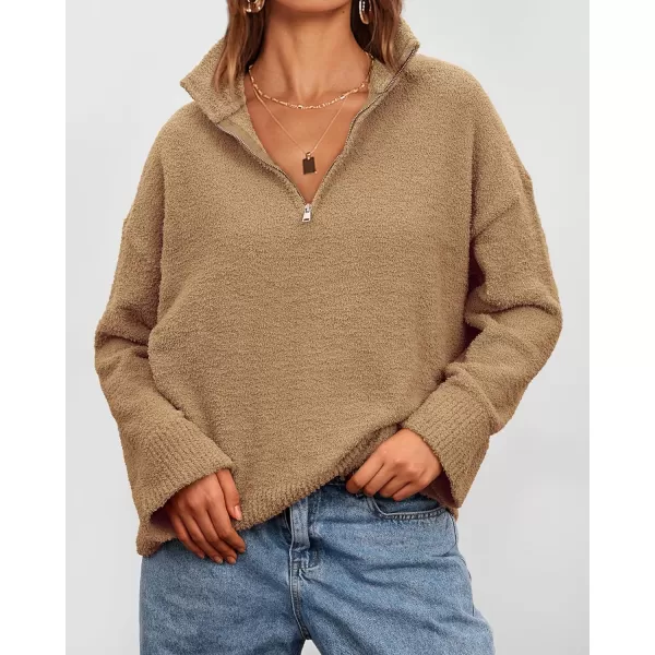 imagePRETTYGARDEN Womens 2023 Winter Pullover Sweaters Long Sleeve 14 Zip Lapel Chunky Knit Blouse TopsKhaki