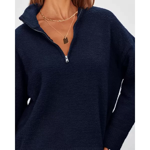 imagePRETTYGARDEN Womens 2023 Winter Pullover Sweaters Long Sleeve 14 Zip Lapel Chunky Knit Blouse TopsNavy