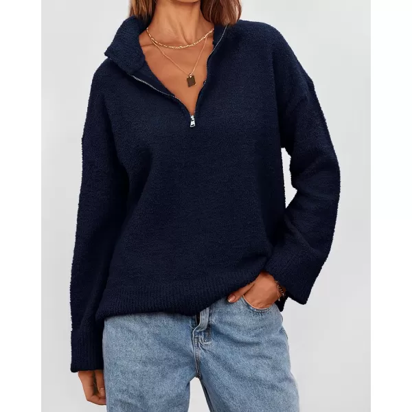 imagePRETTYGARDEN Womens 2023 Winter Pullover Sweaters Long Sleeve 14 Zip Lapel Chunky Knit Blouse TopsNavy