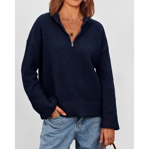 imagePRETTYGARDEN Womens 2023 Winter Pullover Sweaters Long Sleeve 14 Zip Lapel Chunky Knit Blouse TopsNavy