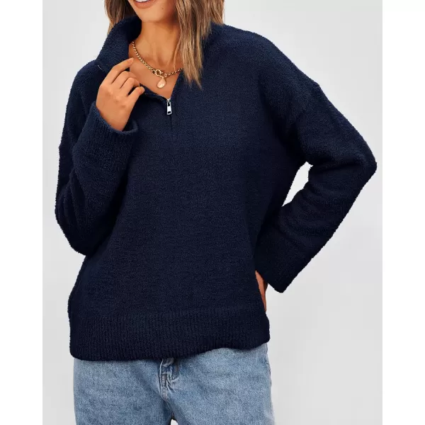 imagePRETTYGARDEN Womens 2023 Winter Pullover Sweaters Long Sleeve 14 Zip Lapel Chunky Knit Blouse TopsNavy