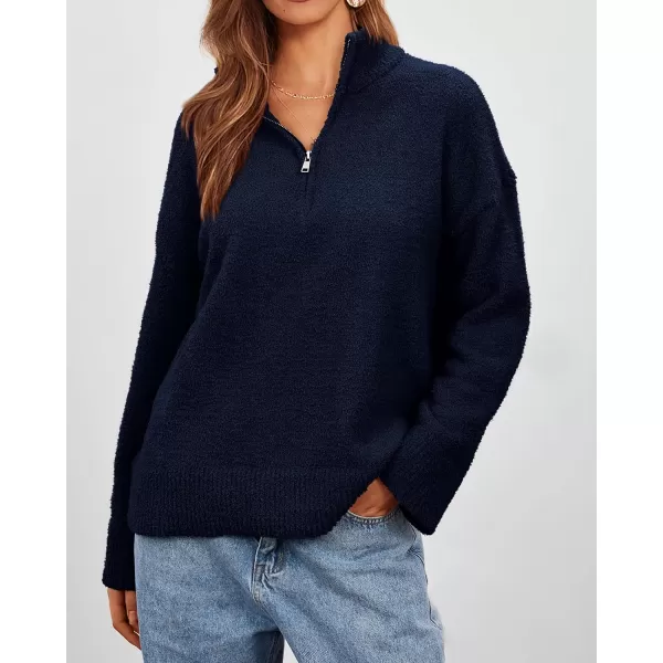 imagePRETTYGARDEN Womens 2023 Winter Pullover Sweaters Long Sleeve 14 Zip Lapel Chunky Knit Blouse TopsNavy