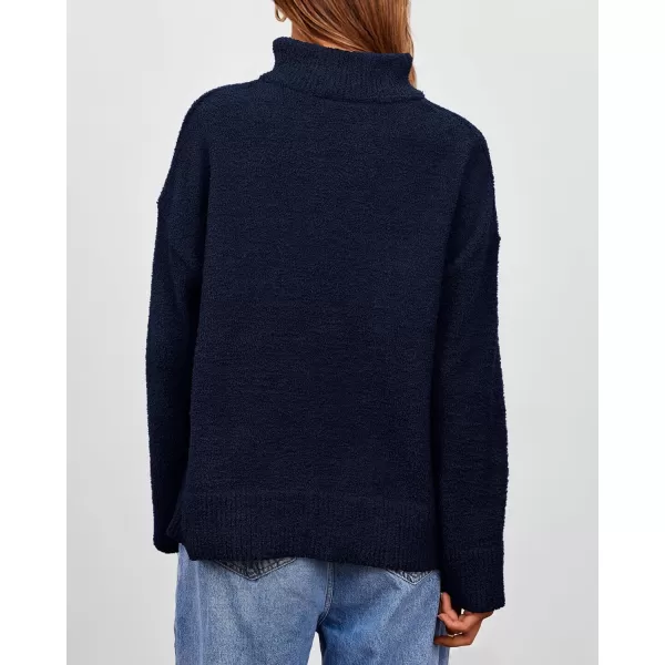 imagePRETTYGARDEN Womens 2023 Winter Pullover Sweaters Long Sleeve 14 Zip Lapel Chunky Knit Blouse TopsNavy