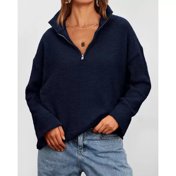 imagePRETTYGARDEN Womens 2023 Winter Pullover Sweaters Long Sleeve 14 Zip Lapel Chunky Knit Blouse TopsNavy