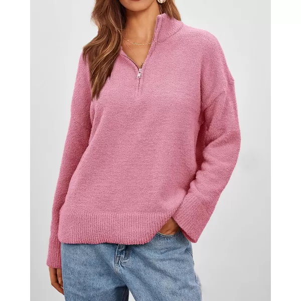 imagePRETTYGARDEN Womens 2023 Winter Pullover Sweaters Long Sleeve 14 Zip Lapel Chunky Knit Blouse TopsPink