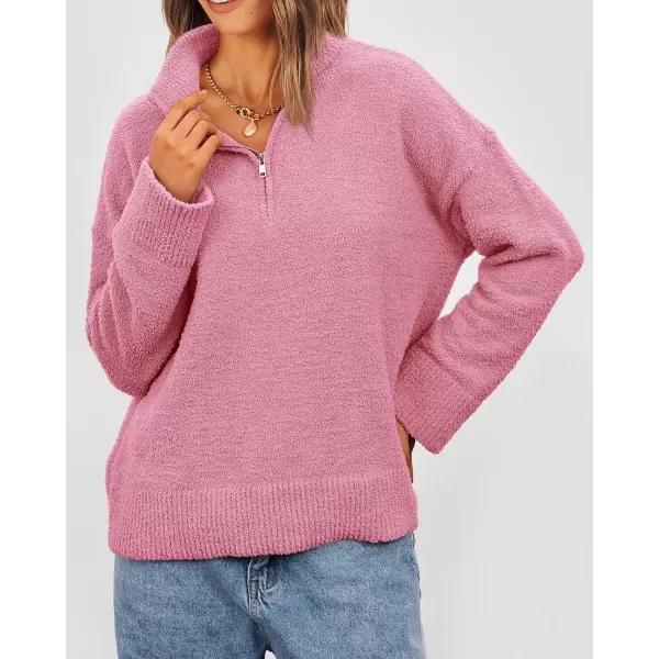 imagePRETTYGARDEN Womens 2023 Winter Pullover Sweaters Long Sleeve 14 Zip Lapel Chunky Knit Blouse TopsPink