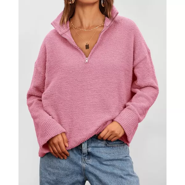 imagePRETTYGARDEN Womens 2023 Winter Pullover Sweaters Long Sleeve 14 Zip Lapel Chunky Knit Blouse TopsPink
