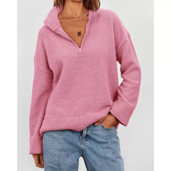 imagePRETTYGARDEN Womens 2023 Winter Pullover Sweaters Long Sleeve 14 Zip Lapel Chunky Knit Blouse TopsPink