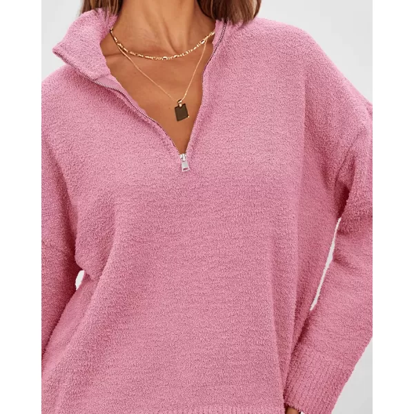 imagePRETTYGARDEN Womens 2023 Winter Pullover Sweaters Long Sleeve 14 Zip Lapel Chunky Knit Blouse TopsPink
