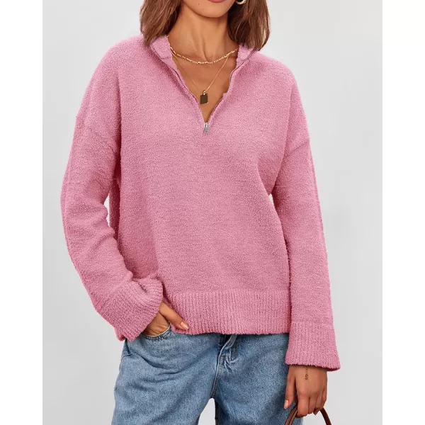 imagePRETTYGARDEN Womens 2023 Winter Pullover Sweaters Long Sleeve 14 Zip Lapel Chunky Knit Blouse TopsPink