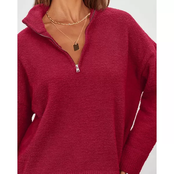 imagePRETTYGARDEN Womens 2023 Winter Pullover Sweaters Long Sleeve 14 Zip Lapel Chunky Knit Blouse TopsRed