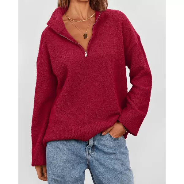imagePRETTYGARDEN Womens 2023 Winter Pullover Sweaters Long Sleeve 14 Zip Lapel Chunky Knit Blouse TopsRed