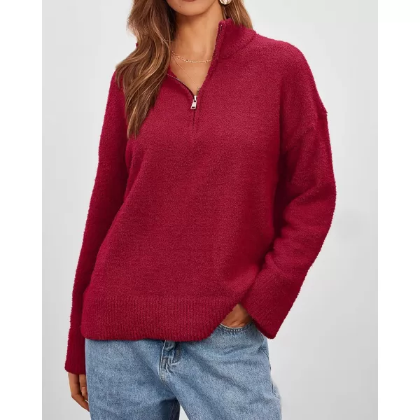 imagePRETTYGARDEN Womens 2023 Winter Pullover Sweaters Long Sleeve 14 Zip Lapel Chunky Knit Blouse TopsRed