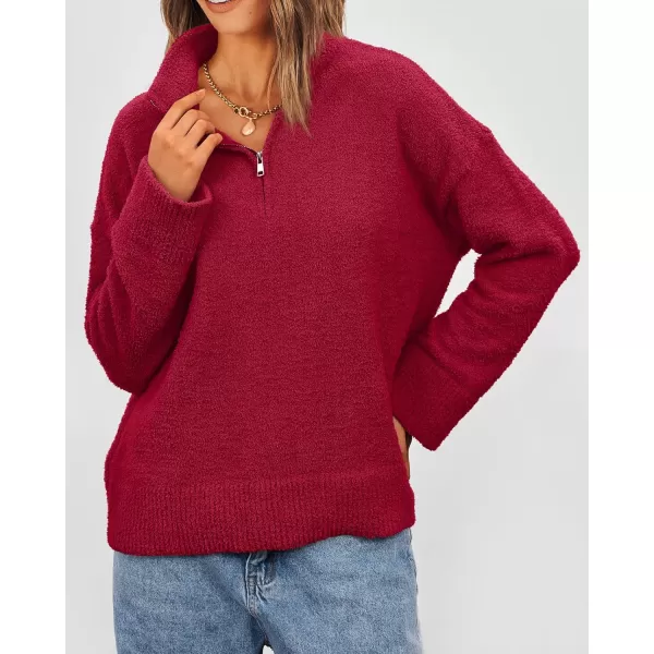 imagePRETTYGARDEN Womens 2023 Winter Pullover Sweaters Long Sleeve 14 Zip Lapel Chunky Knit Blouse TopsRed