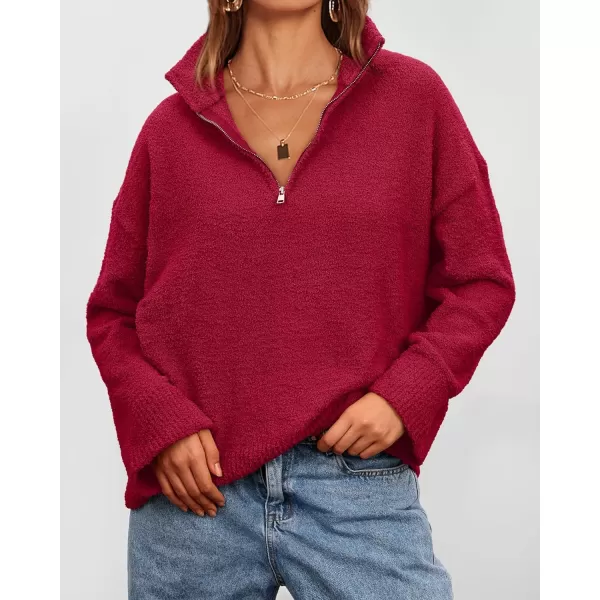 imagePRETTYGARDEN Womens 2023 Winter Pullover Sweaters Long Sleeve 14 Zip Lapel Chunky Knit Blouse TopsRed