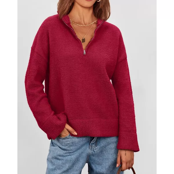 imagePRETTYGARDEN Womens 2023 Winter Pullover Sweaters Long Sleeve 14 Zip Lapel Chunky Knit Blouse TopsRed
