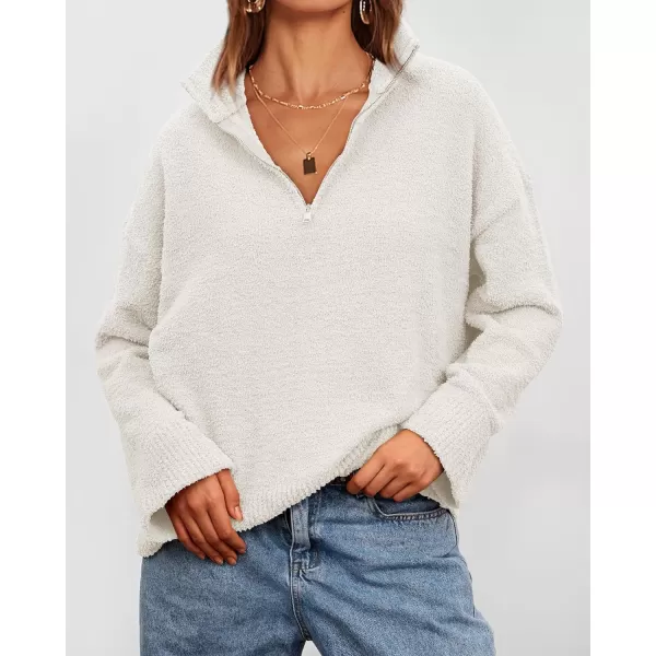imagePRETTYGARDEN Womens 2023 Winter Pullover Sweaters Long Sleeve 14 Zip Lapel Chunky Knit Blouse TopsWhite