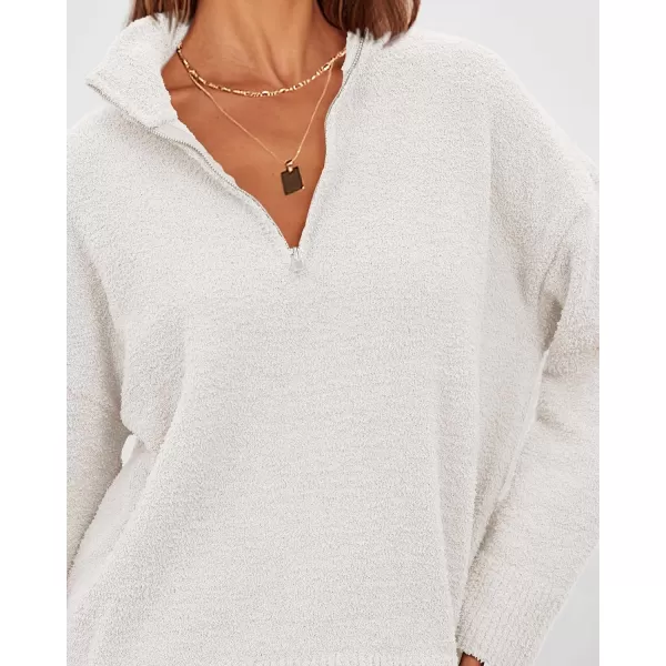 imagePRETTYGARDEN Womens 2023 Winter Pullover Sweaters Long Sleeve 14 Zip Lapel Chunky Knit Blouse TopsWhite