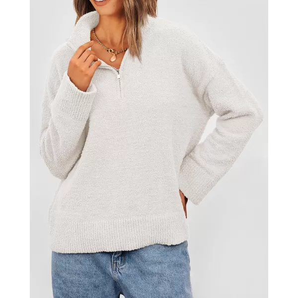 imagePRETTYGARDEN Womens 2023 Winter Pullover Sweaters Long Sleeve 14 Zip Lapel Chunky Knit Blouse TopsWhite