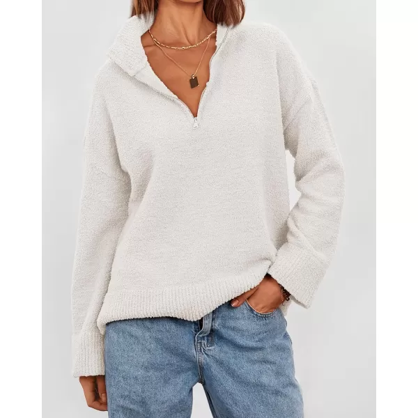 imagePRETTYGARDEN Womens 2023 Winter Pullover Sweaters Long Sleeve 14 Zip Lapel Chunky Knit Blouse TopsWhite