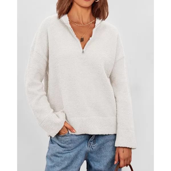 imagePRETTYGARDEN Womens 2023 Winter Pullover Sweaters Long Sleeve 14 Zip Lapel Chunky Knit Blouse TopsWhite