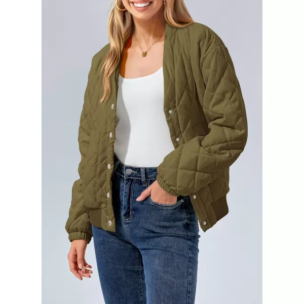 imagePRETTYGARDEN Womens 2023 Winter Quilted Jackets Button Down Long Sleeve Padded Warm Outerwear Fashion Coats With PocketsArmy Green