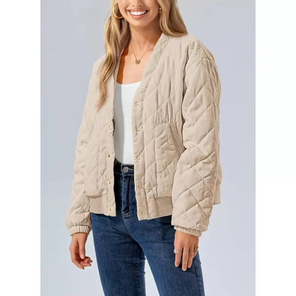 imagePRETTYGARDEN Womens 2023 Winter Quilted Jackets Button Down Long Sleeve Padded Warm Outerwear Fashion Coats With PocketsBeige