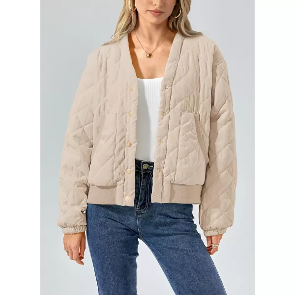 imagePRETTYGARDEN Womens 2023 Winter Quilted Jackets Button Down Long Sleeve Padded Warm Outerwear Fashion Coats With PocketsBeige