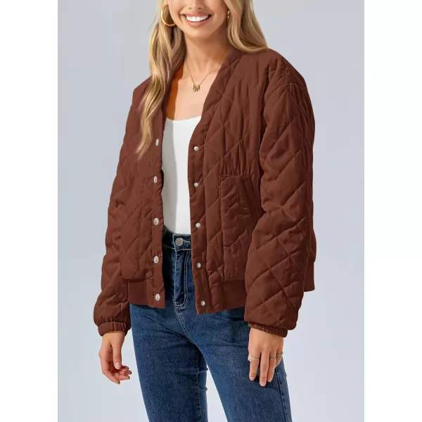 imagePRETTYGARDEN Womens 2023 Winter Quilted Jackets Button Down Long Sleeve Padded Warm Outerwear Fashion Coats With PocketsBrown