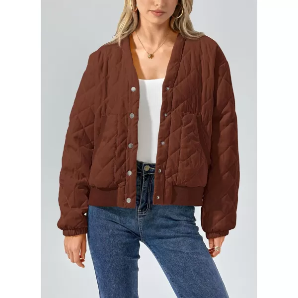 imagePRETTYGARDEN Womens 2023 Winter Quilted Jackets Button Down Long Sleeve Padded Warm Outerwear Fashion Coats With PocketsBrown