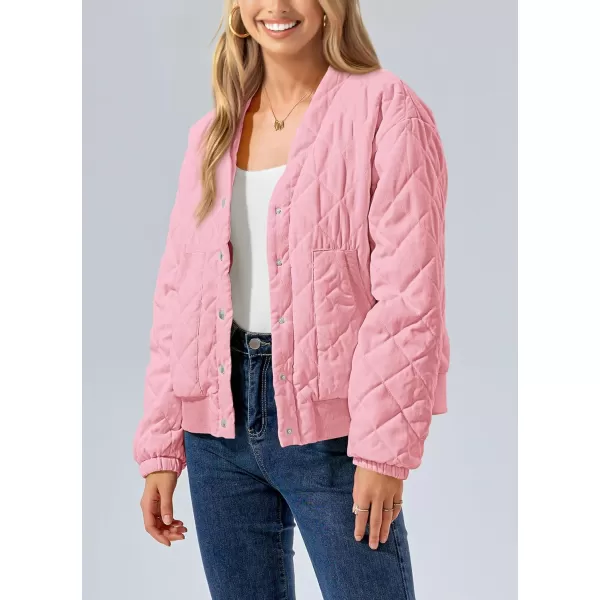 imagePRETTYGARDEN Womens 2023 Winter Quilted Jackets Button Down Long Sleeve Padded Warm Outerwear Fashion Coats With PocketsLight Pink