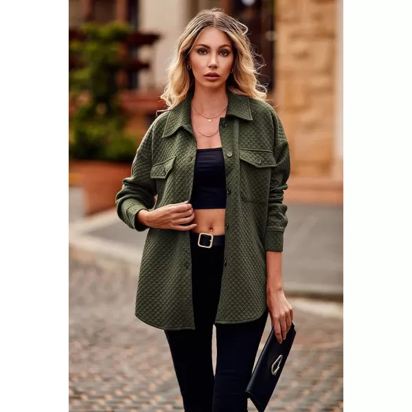 imagePRETTYGARDEN Womens 2023 Winter Quilted Jackets Lapel Coat Outerwear Casual Long Sleeve Button Down Blouse Shirts TopsArmy Green