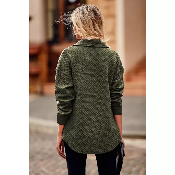 imagePRETTYGARDEN Womens 2023 Winter Quilted Jackets Lapel Coat Outerwear Casual Long Sleeve Button Down Blouse Shirts TopsArmy Green