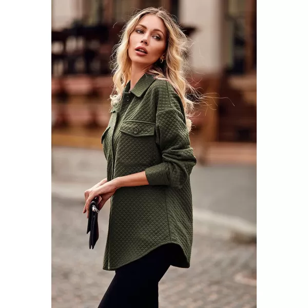 imagePRETTYGARDEN Womens 2023 Winter Quilted Jackets Lapel Coat Outerwear Casual Long Sleeve Button Down Blouse Shirts TopsArmy Green