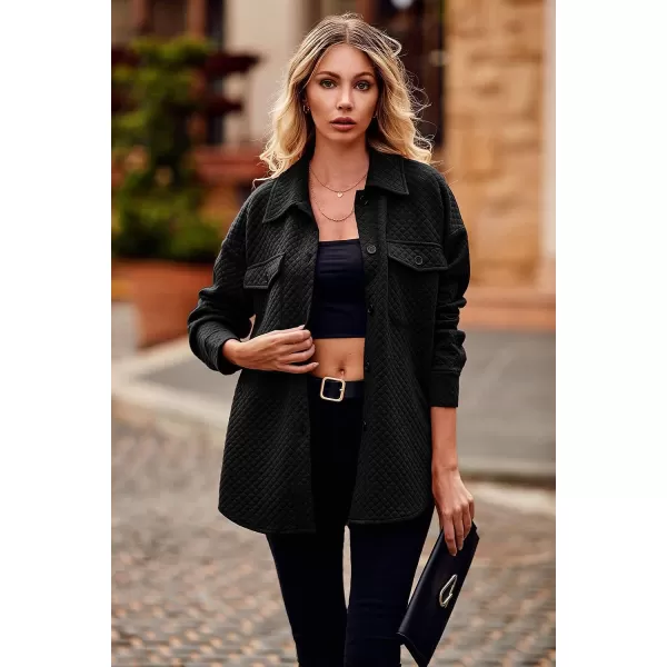 imagePRETTYGARDEN Womens 2023 Winter Quilted Jackets Lapel Coat Outerwear Casual Long Sleeve Button Down Blouse Shirts TopsBlack