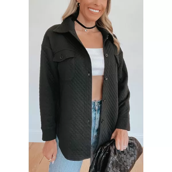 imagePRETTYGARDEN Womens 2023 Winter Quilted Jackets Lapel Coat Outerwear Casual Long Sleeve Button Down Blouse Shirts TopsBlack