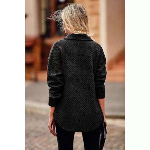 imagePRETTYGARDEN Womens 2023 Winter Quilted Jackets Lapel Coat Outerwear Casual Long Sleeve Button Down Blouse Shirts TopsBlack