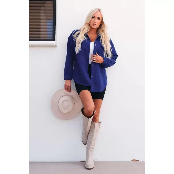 imagePRETTYGARDEN Womens 2023 Winter Quilted Jackets Lapel Coat Outerwear Casual Long Sleeve Button Down Blouse Shirts TopsBright Blue