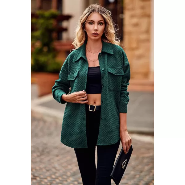 imagePRETTYGARDEN Womens 2023 Winter Quilted Jackets Lapel Coat Outerwear Casual Long Sleeve Button Down Blouse Shirts TopsDark Green