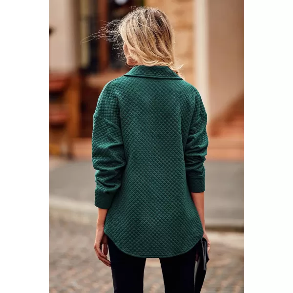 imagePRETTYGARDEN Womens 2023 Winter Quilted Jackets Lapel Coat Outerwear Casual Long Sleeve Button Down Blouse Shirts TopsDark Green