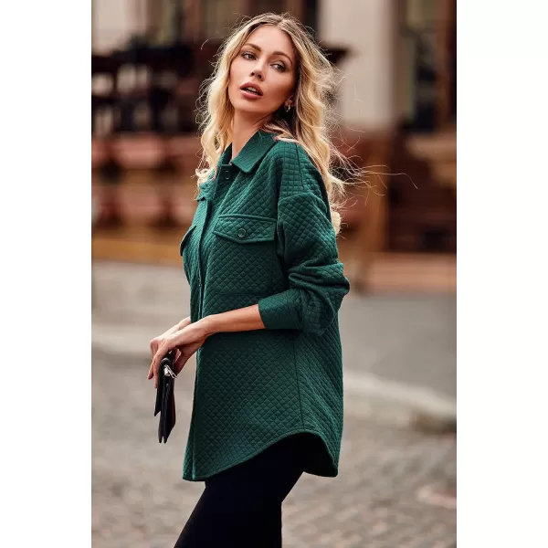 imagePRETTYGARDEN Womens 2023 Winter Quilted Jackets Lapel Coat Outerwear Casual Long Sleeve Button Down Blouse Shirts TopsDark Green
