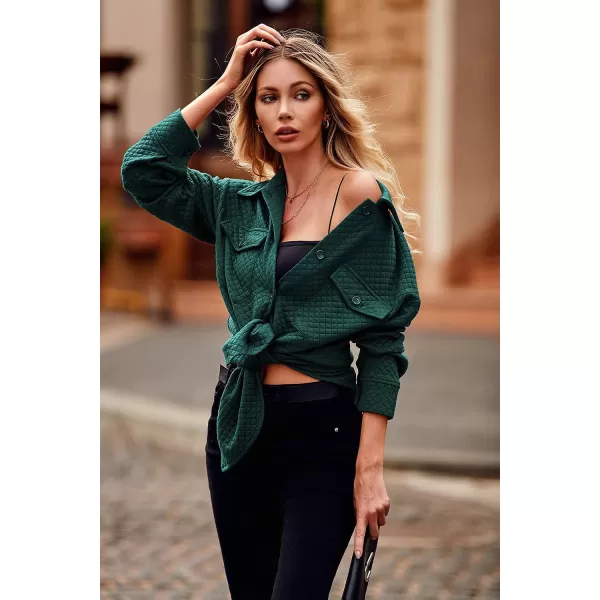 imagePRETTYGARDEN Womens 2023 Winter Quilted Jackets Lapel Coat Outerwear Casual Long Sleeve Button Down Blouse Shirts TopsDark Green