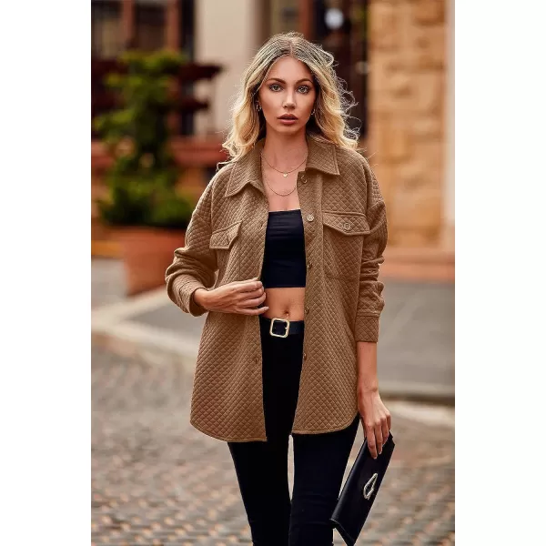 imagePRETTYGARDEN Womens 2023 Winter Quilted Jackets Lapel Coat Outerwear Casual Long Sleeve Button Down Blouse Shirts TopsDark Khaki