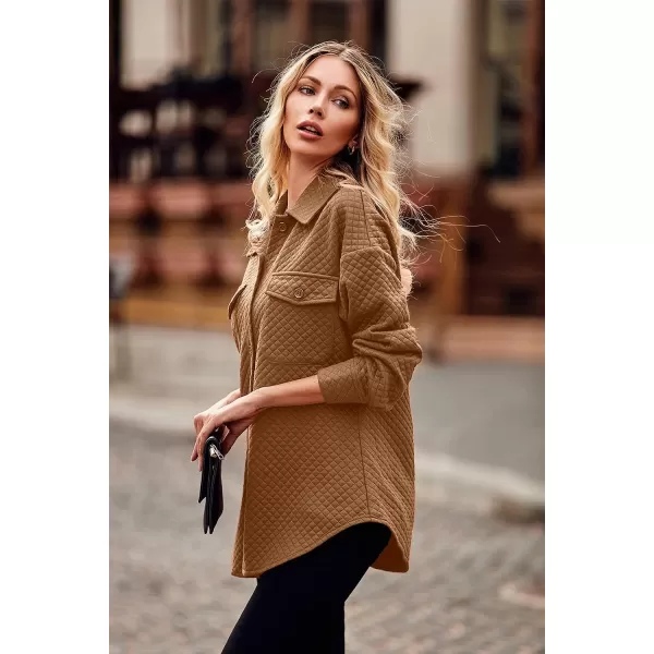 imagePRETTYGARDEN Womens 2023 Winter Quilted Jackets Lapel Coat Outerwear Casual Long Sleeve Button Down Blouse Shirts TopsDark Khaki