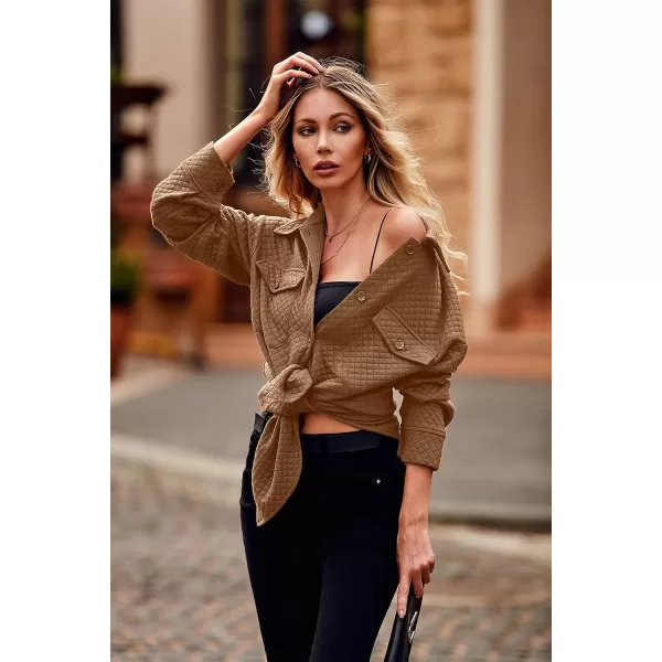 imagePRETTYGARDEN Womens 2023 Winter Quilted Jackets Lapel Coat Outerwear Casual Long Sleeve Button Down Blouse Shirts TopsDark Khaki